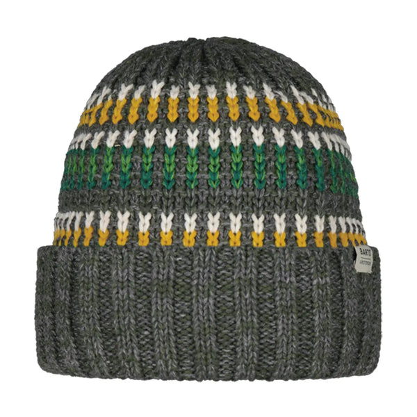 BARTS Travvis Beanie: jacquard knit, 70% recycled polyester, and fleece-lined. Perfect for winter warmth and style.