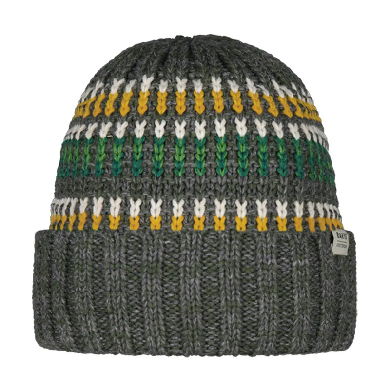 BARTS Travvis Beanie: jacquard knit, 70% recycled polyester, and fleece-lined. Perfect for winter warmth and style.