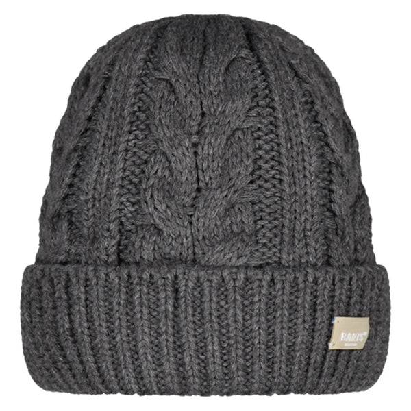 BARTS Zirani Beanie: cable knit, 70% recycled polyester, and fleece-lined. Perfect for winter warmth and style.