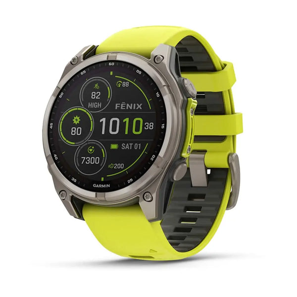 Garmin fēnix® 8 – 47 mm | Solar Sapphire Titanium with AMP Yellow/Graphite Silicone Band- Great Outdoors Ireland