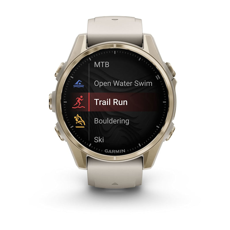 Garmin fēnix® 8 – 43 mm | AMOLED - Sapphire, Soft Gold with Fog Silicone Band- Great Outdoors Ireland