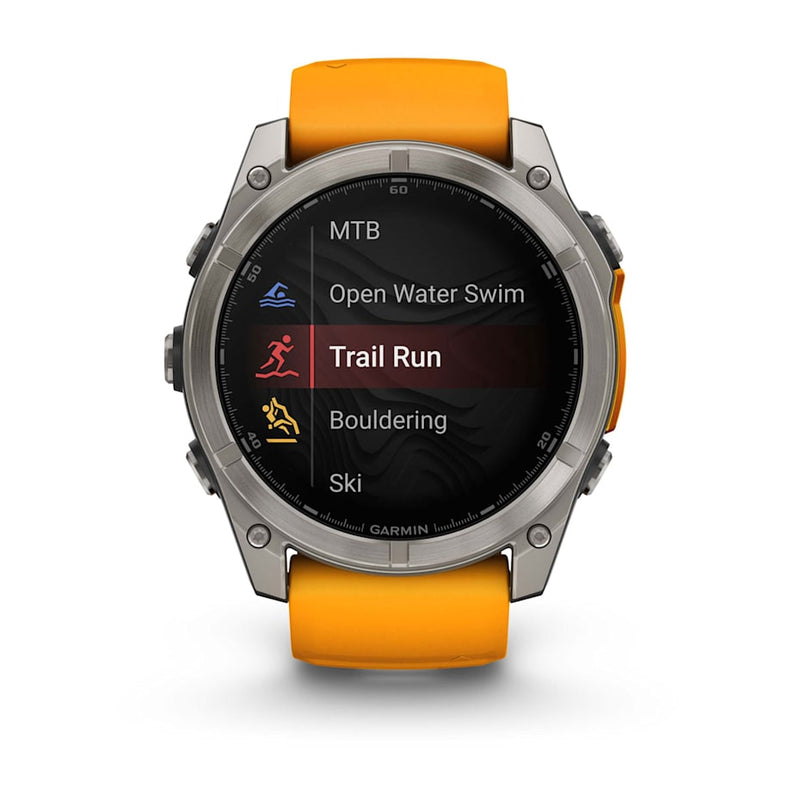 Garmin fēnix® 8 – 51 mm | AMOLED - Sapphire, Titanium with Spark Orange Band- Great Outdoors Ireland