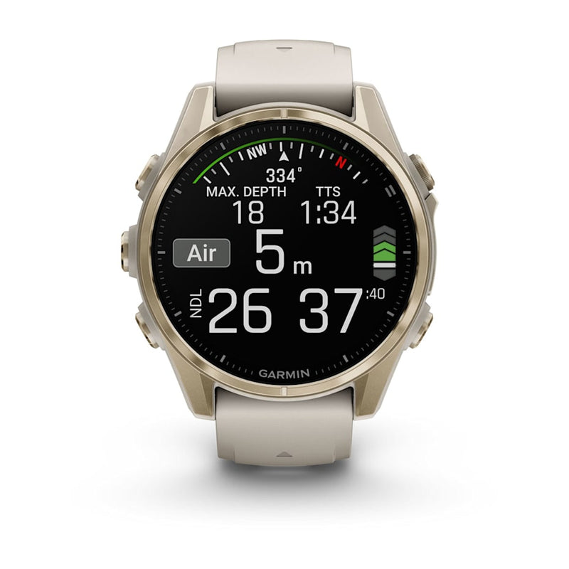 Garmin fēnix® 8 – 43 mm | AMOLED - Sapphire, Soft Gold with Fog Silicone Band- Great Outdoors Ireland