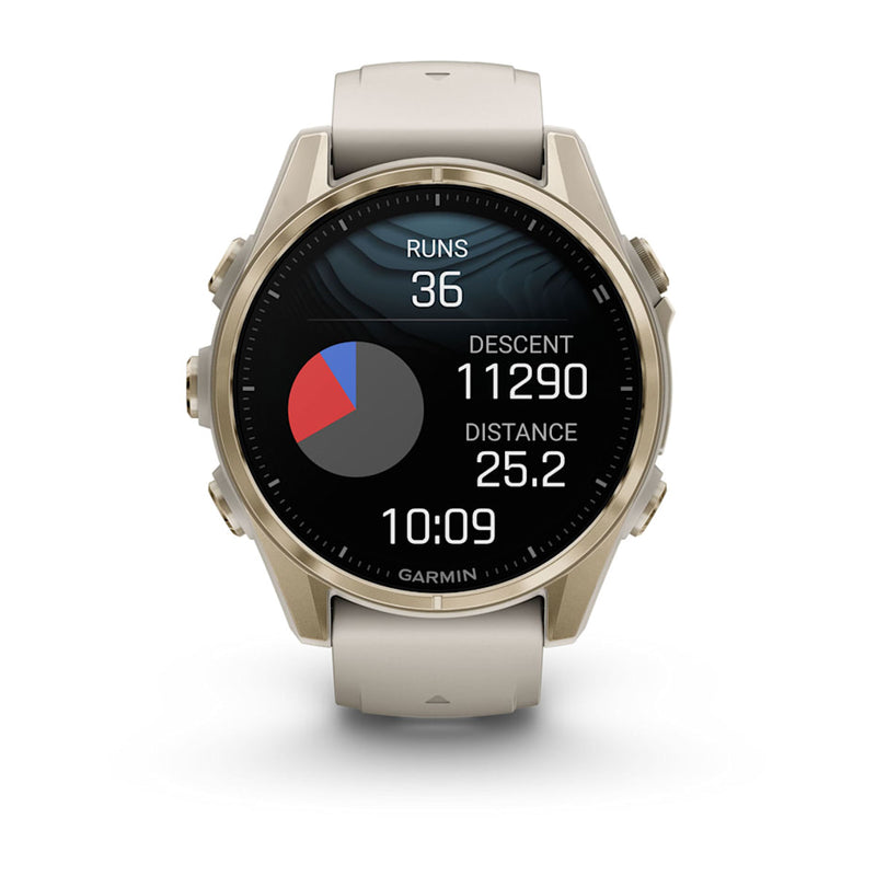 Garmin fēnix® 8 – 43 mm | AMOLED - Sapphire, Soft Gold with Fog Silicone Band- Great Outdoors Ireland